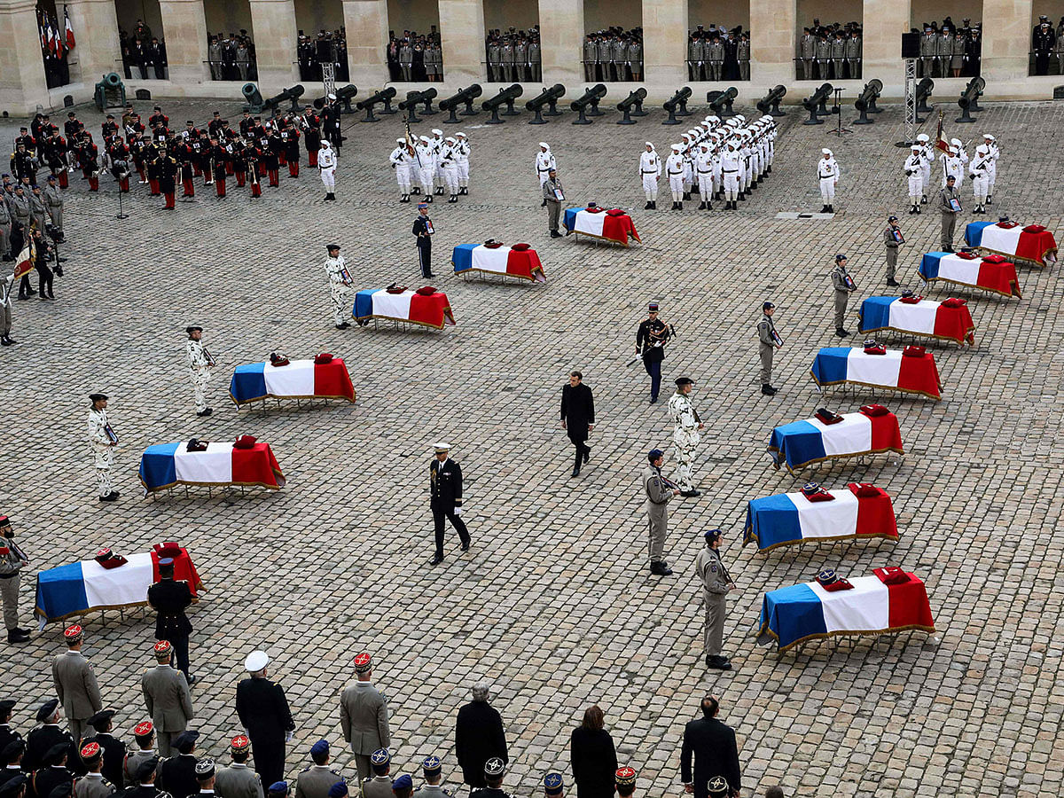 French president Emmanuel Macron attends a tribute ceremony on 2 December 2019 at the Invalides monument, in Paris, for the 13 French soldiers killed in Mali. Photo: AFP