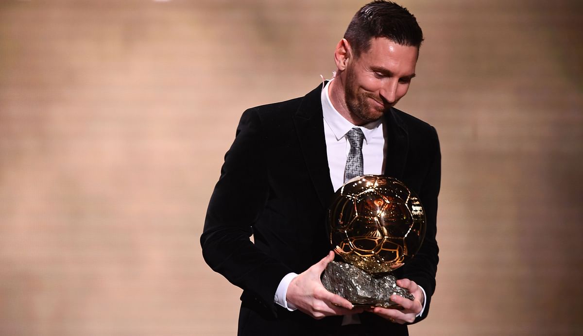 Barcelona`s Argentinian forward Lionel Messi reacts after winning the Ballon d`Or France Football 2019 trophy at the Chatelet Theatre in Paris on 2 December 2019. Photo: AFP