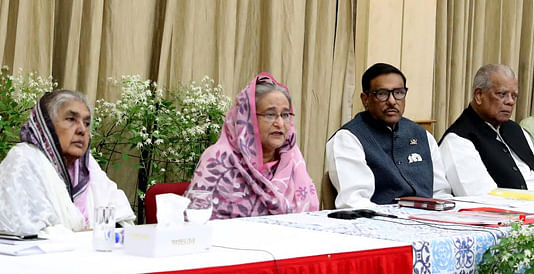 Prime minister Sheikh Hasina addresses Awami League’s National Committee ahead of the party’s national council later this month at her official Ganabhaban residence on Wednesday. Photo: BSS