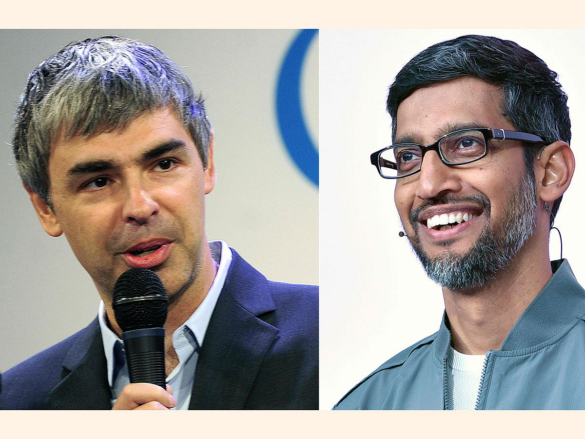 This combination of file pictures created on 3 December shows (L-R) Google CEO Larry Page on 21 May 2012; Google CEO Sundar Pichai on 7 May. Photo: AFP