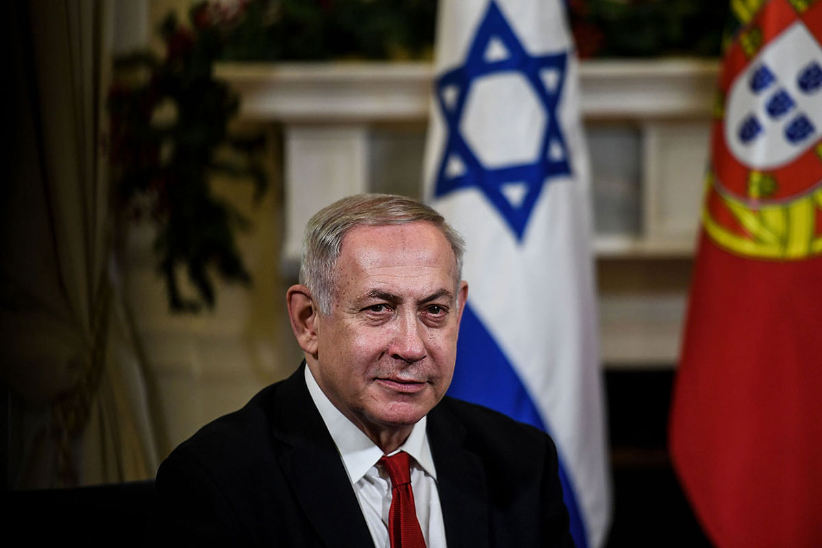 Israeli prime minister Benjamin Netanyahu attends a meeting with the Portuguese prime minister at the Sao Bento Palace in Lisbon on Thursday. Photo: AFP