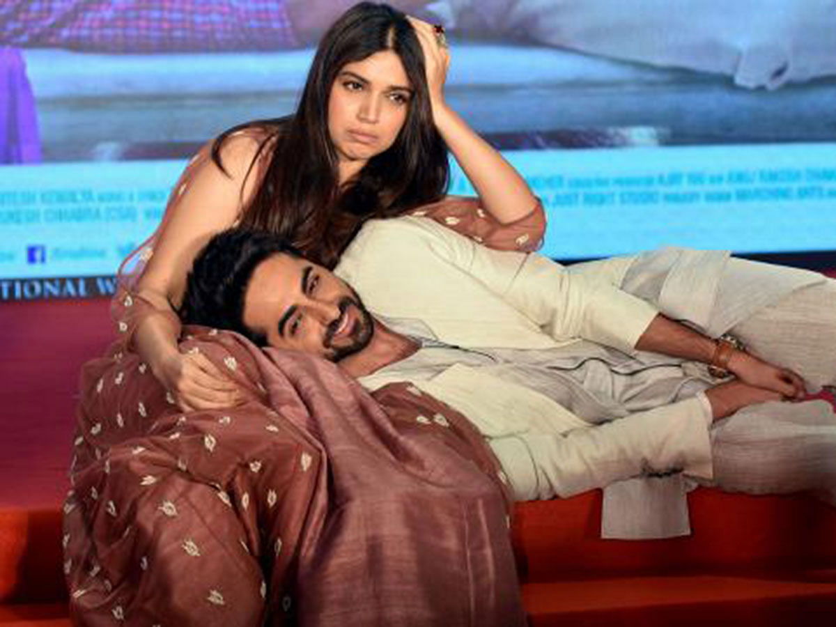 In this file photo taken on August 1, 2017 Indian Bollywood actors Ayushmann Khurrana and Bhumi Pednekar (top) pose for a photograph during a promotional event for the Hindi film `Shubh Mangal Saavdhan` in Mumbai. Photo: AFP