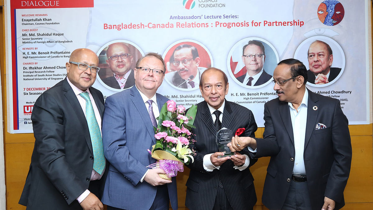Speakers at the symposim of `Bangladesh-Canada Relations: Prognosis for Partnership` in Dhaka on Saturday. Photo: UNB
