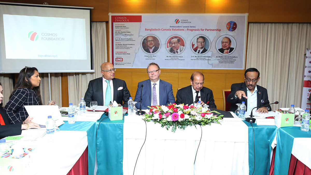 Speakers at the symposim of `Bangladesh-Canada Relations: Prognosis for Partnership` in Dhaka on Saturday. Photo: UNB