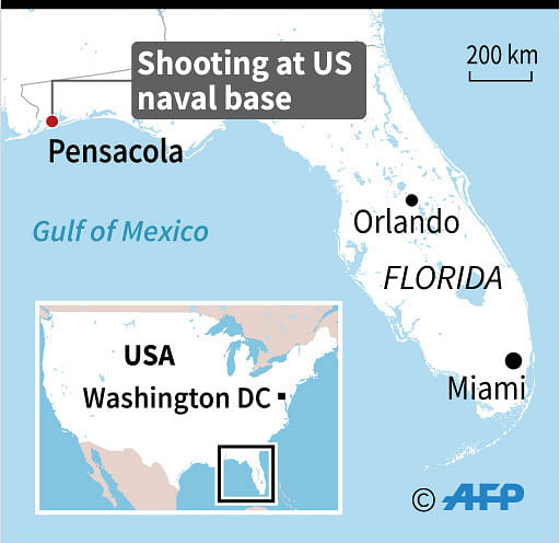 Map of Florida locating the Pensacola naval base., where a shooter was killed after opening fire on Friday. AFP