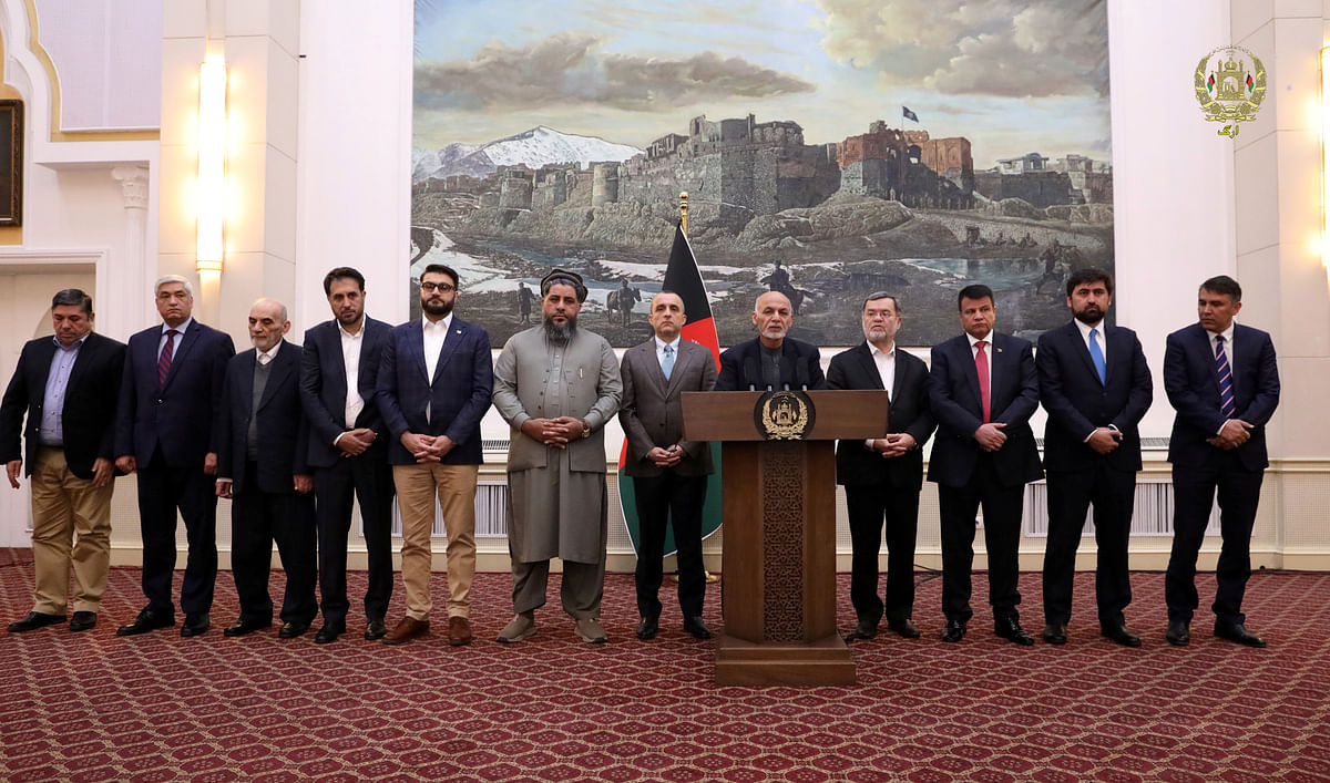 Afghanistan`s president Ashraf Ghani speaks about the release of two senior Taliban commanders and a leader of the Haqqani militant group in exchange for an American and an Australian professor who were kidnapped in 2016, in Kabul, Afghanistan on 12 November. Photo: Reuters