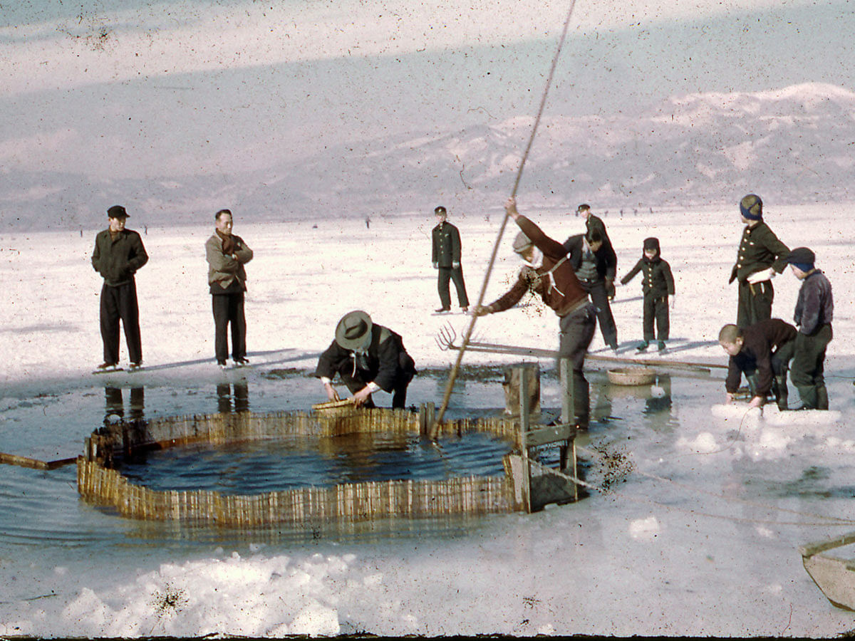 People fish on a frozen Lake Suwa in this handout photo taken around the 1950s, released by Suwa City Museum and obtained by Reuters on 28 November. Photo: Reuters