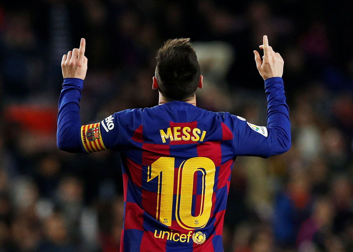 Barcelona`s Lionel Messi celebrates scoring their fifth goal to complete his hat-trick in a La Liga match against Mallorca at Camp Nou, Barcelona, Spain on 7 December 2019. Photo: Reuters
