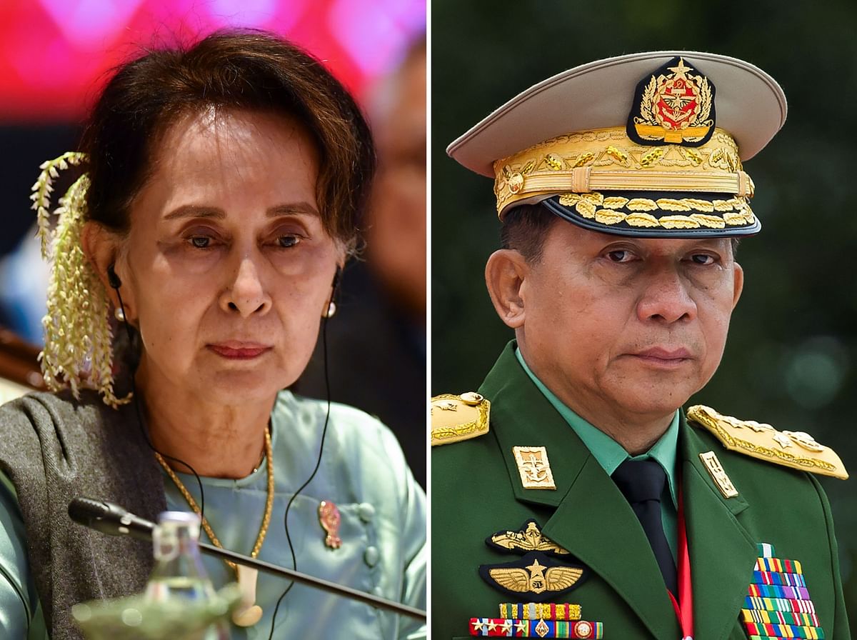 In this combination of file photos created on 5 December 2019, Myanmar State Counsellor Aung San Suu Kyi (L) attends the 35th Association of Southeast Asian Nations (ASEAN) Summit in Bangkok on 4 November 2019 and Myanmar military chief Senior General Min Aung Hlaing attends the 71th anniversary of Martyrs` Day in Yangon on 19 July 2018. Photo: AFP