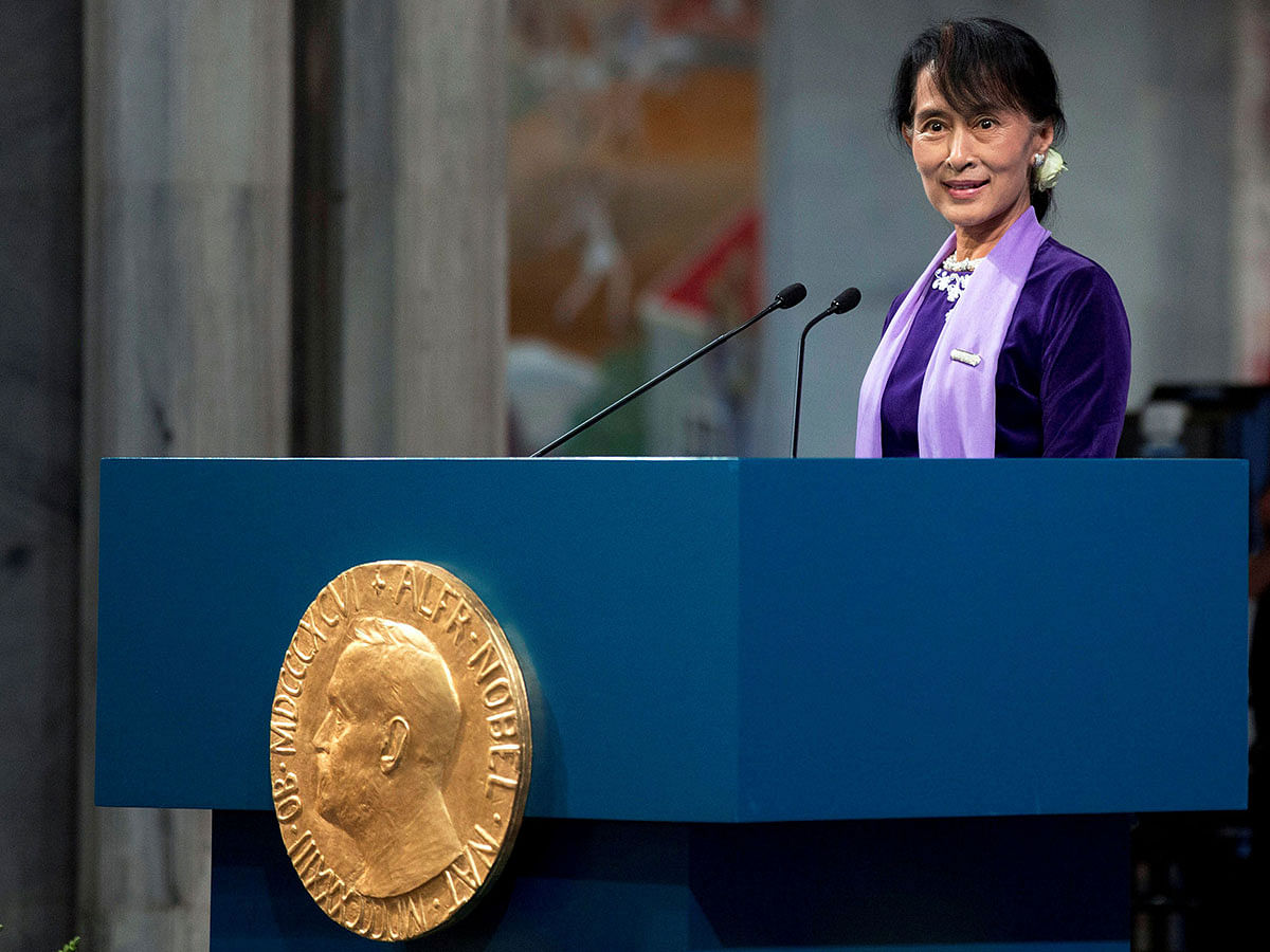 Myanmar opposition leader Aung San Suu Kyi delivers her Nobel acceptance speech during a ceremony at Oslo`s City Hall, Norway on 16 June 2012. Reuters File Photo