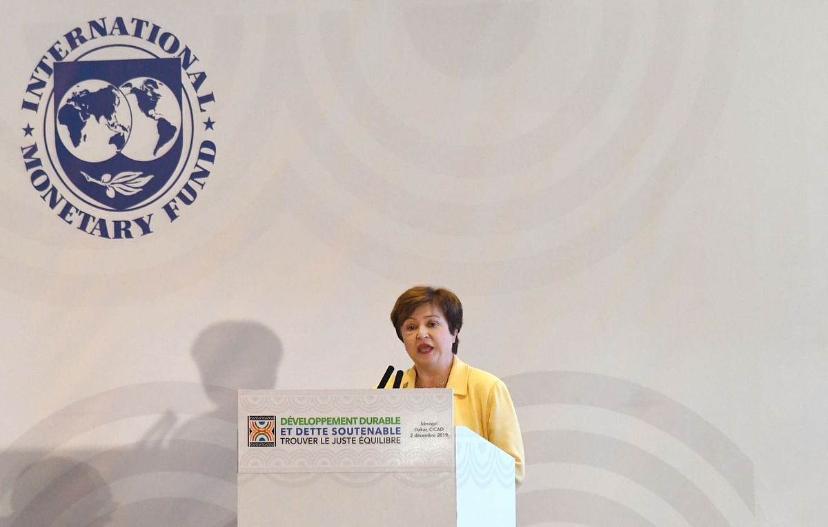 Kristalina Georgieva, the managing director of the International Monetary Fund, delivers a speech during a conference co-organised by the International Monetary Fund (IMF) on sustainable development and debt at the Abdou Diouf de Diamniadio conference centre in Diamniadio, on 2 December 2019. Photo: AFP