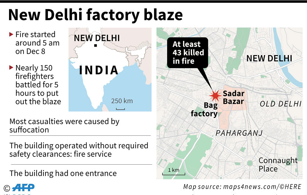 Map locating a bag factory at Sadar Bazar in the Indian capital New Delhi where a fire killed at least 43 people on Sunday. Photo: AFP