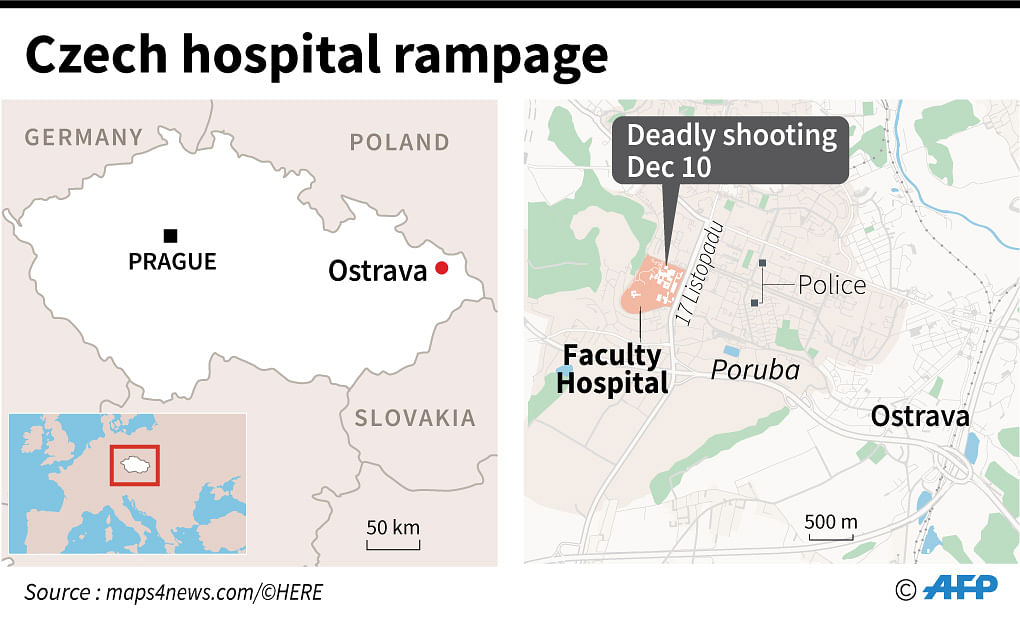 Map of Ostrava in Czech Republic locating the Faculty hospital, where a gunmen shot dead six patients Tuesday.Photo: AFP