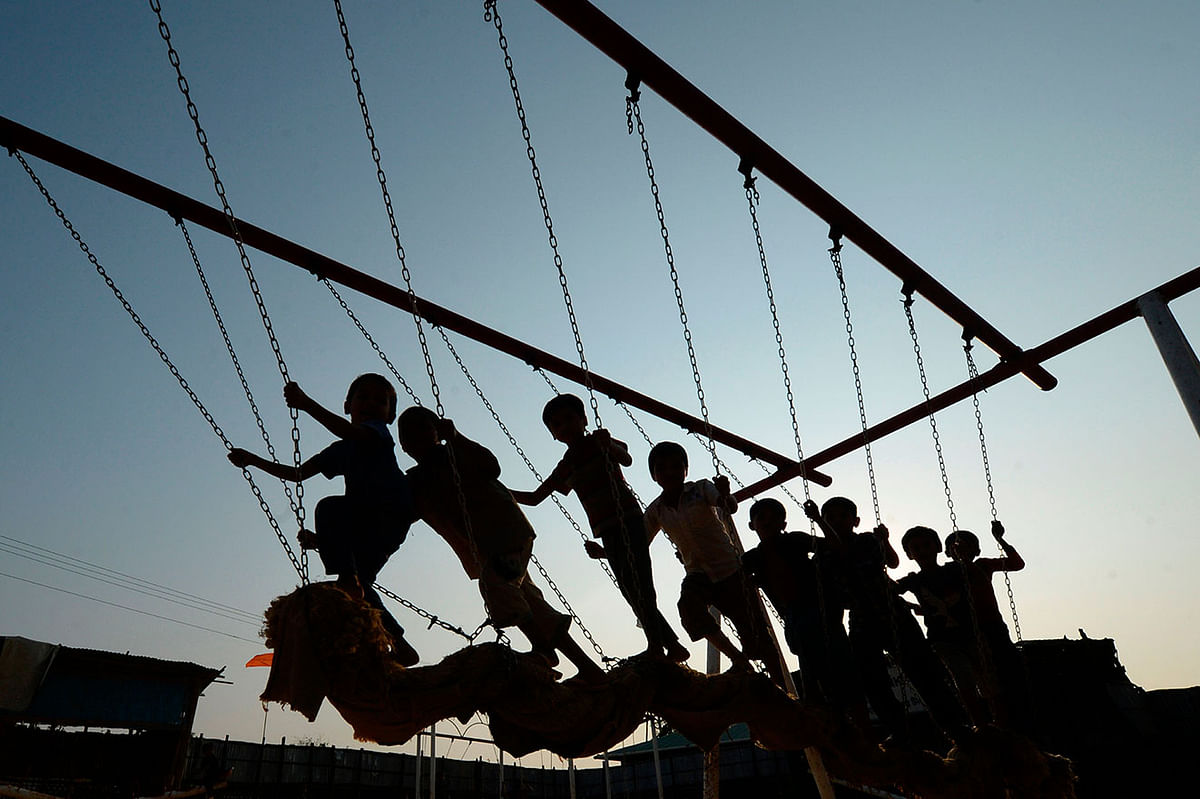 Rohingya children play at a playground at Jamtola refugee camp in Ukhia on 9 December 2019. Photo: AFP