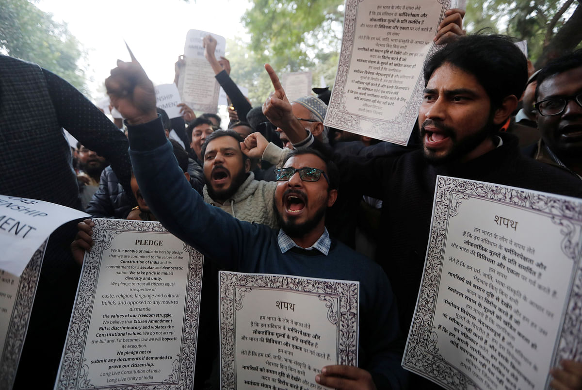 Demonstrators shout slogans during a protest against the Citizenship Amendment Bill, a bill that seeks to give citizenship to religious minorities persecuted in neighbouring Muslim countries, in New Delhi, India, on 10 December 2019. Photo: Reuters