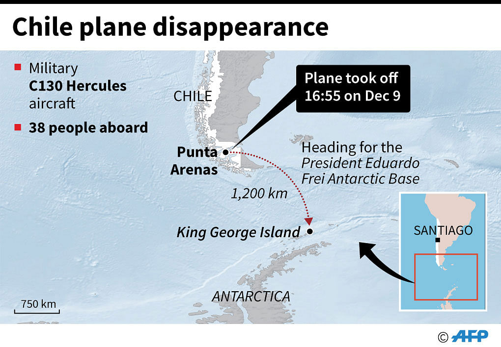 Map showing the route of an Antarctica-bound Chilean Air Force military plane which disappeared on Monday after taking off from the southern city of Punta Arenas. Photo: AFP