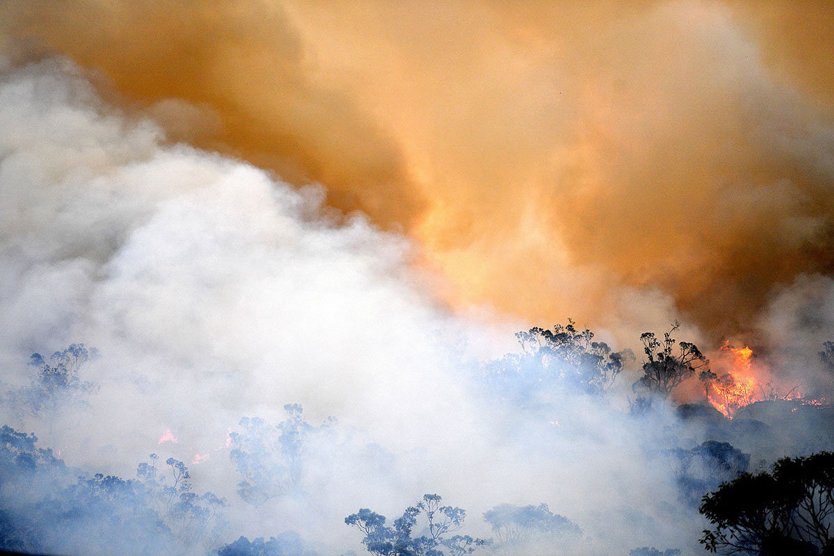 Smoke and flames from a back burn, conducted to secure residential areas from encroaching bushfires, are seen at the Spencer area in Central Coast, some 90-110 kilometres north of Sydney on 9 December 2019. Photo: AFP