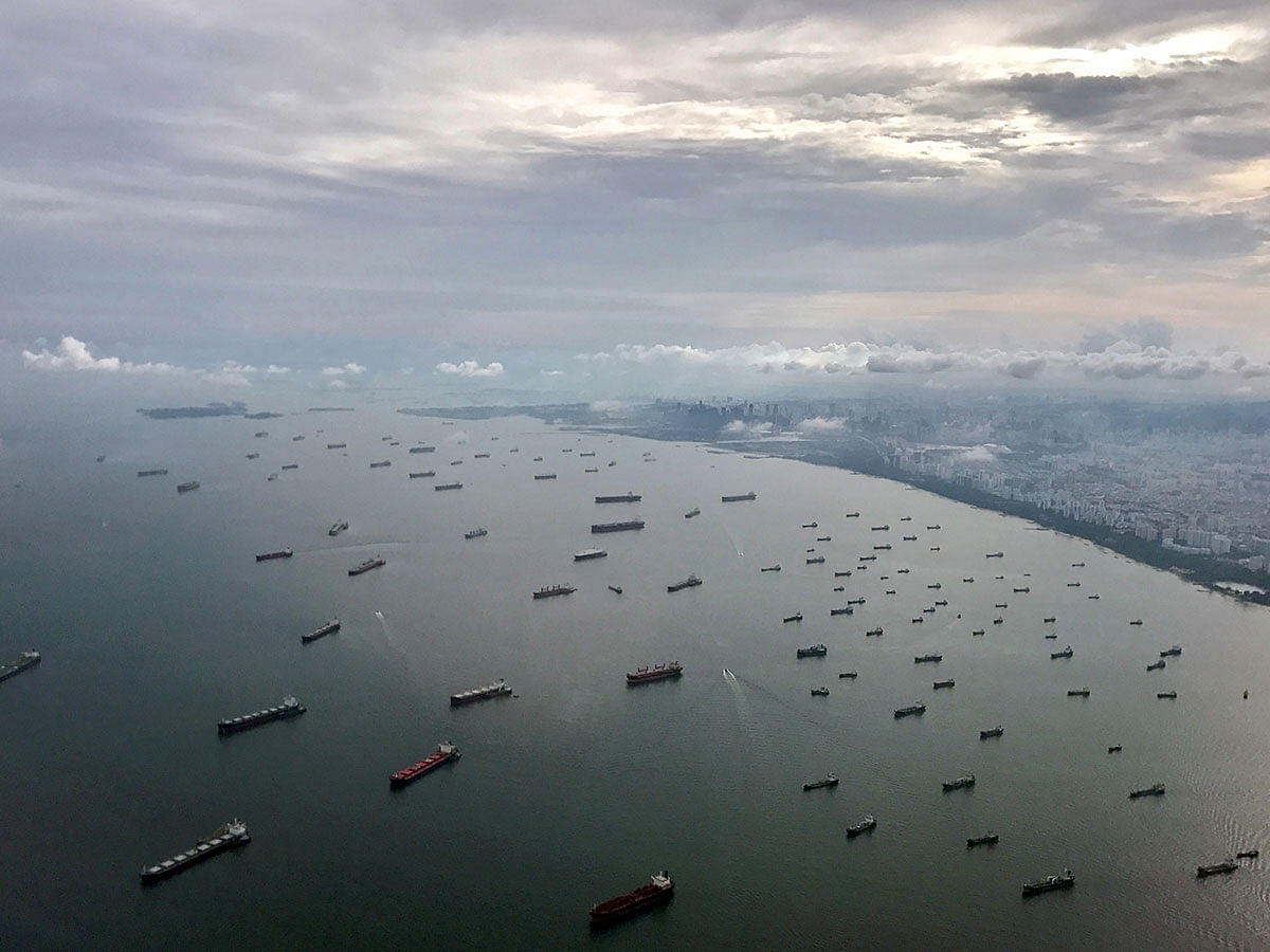 A bird`s-eye view of ships along the coast in Singapore. Photo: Reuters