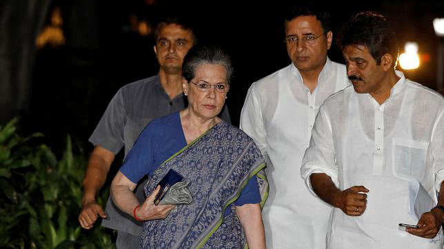 Sonia Gandhi (L), leader of India’s main opposition Congress party, arrives to attend a Congress Working Committee (CWC) meeting in New Delhi, India, on 10 August 2019. Reuters File Photo