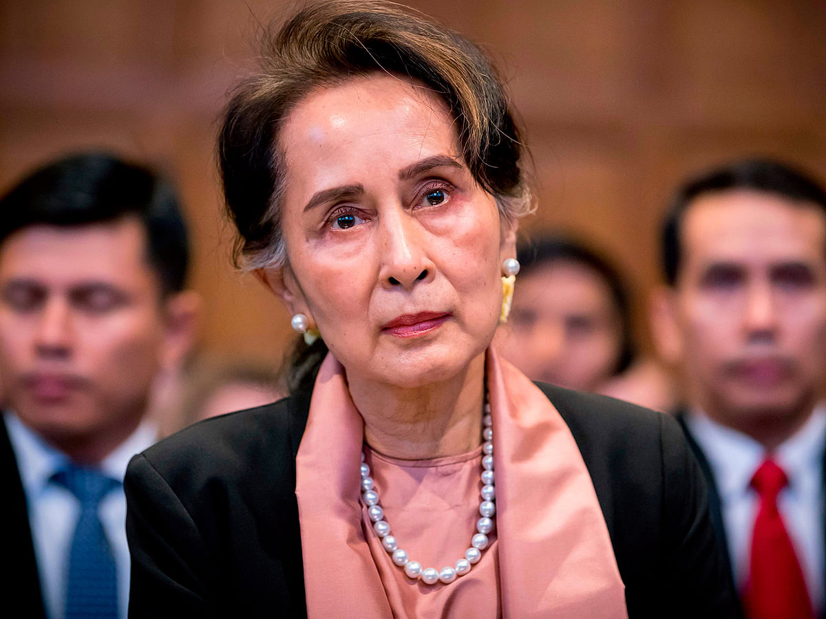 A handout photo released on 10 December 2019 by the International Court of Justice shows Myanmar`s State Counsellor Aung San Suu Kyi attending the start of a three-day hearing on the Rohingya genocide case before the UN International Court of Justice at the Peace Palace of The Hague. Photo: AFP