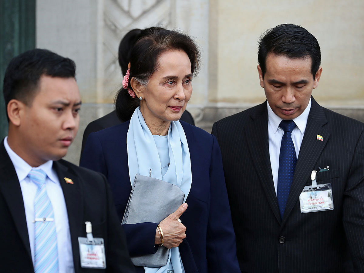 Myanmar`s leader Aung San Suu Kyi leaves the International Court of Justice (ICJ) after the second day of hearings in a case filed by Gambia against Myanmar alleging genocide against the minority Muslim Rohingya population, in The Hague, Netherlands on 11 December 2019. Photo: Reuters
