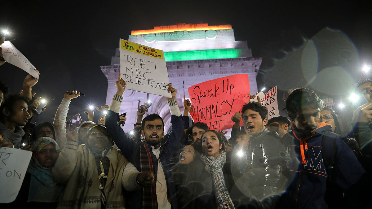 Demonstrators shout slogans during a protest against the Citizenship Amendment Bill, a bill that seeks to give citizenship to religious minorities persecuted in neighbouring Muslim countries, in New Delhi, India, on 12 December 2019. Photo: Reuters