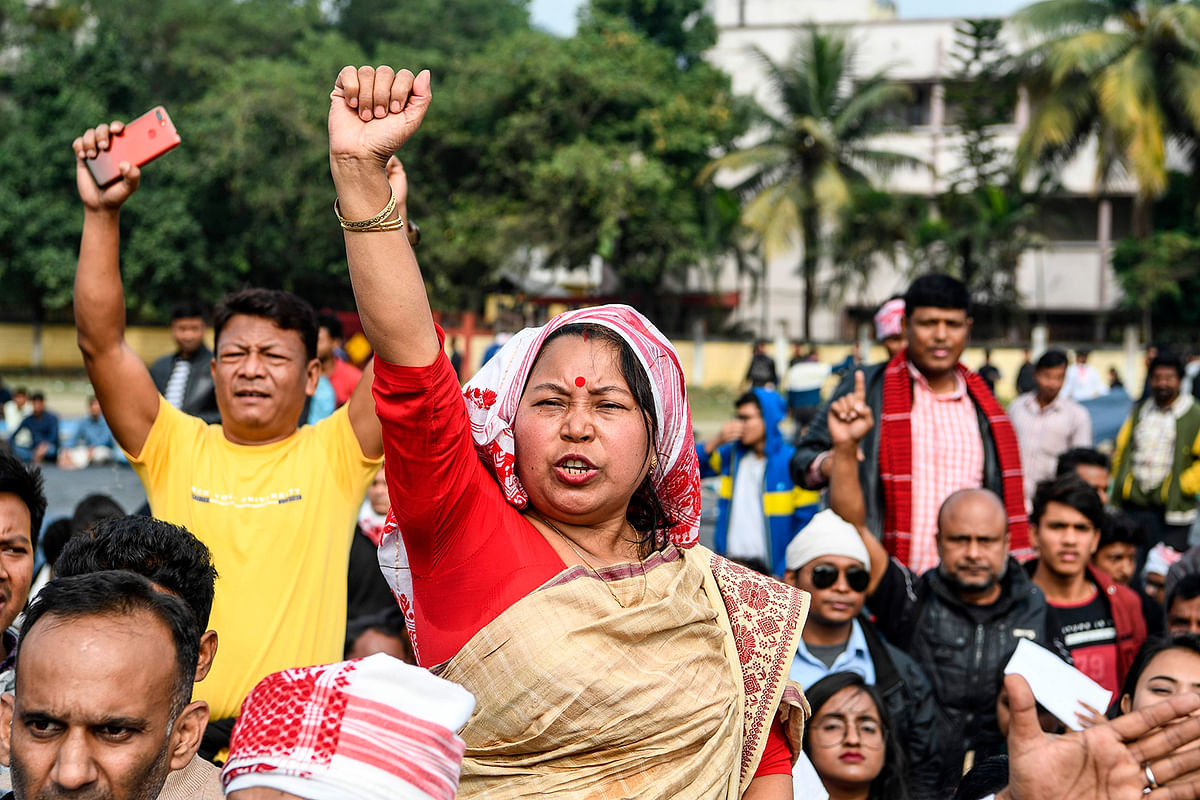 Demonstrators shout slogans during a protest against the government`s Citizenship Amendment Bill (CAB) in Guwahati on 13 December, 2019. Photo: AFP