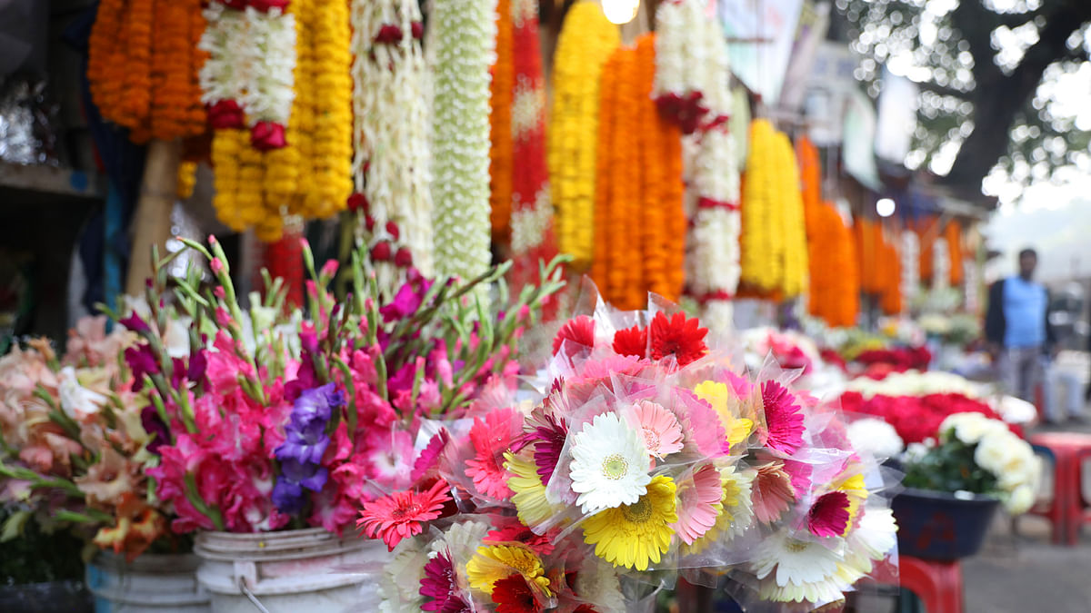 Flowers on display for sale at the flower market at Shahbagh intersection in Dhaka on 13 December 2019. Photo: Abdus Salam