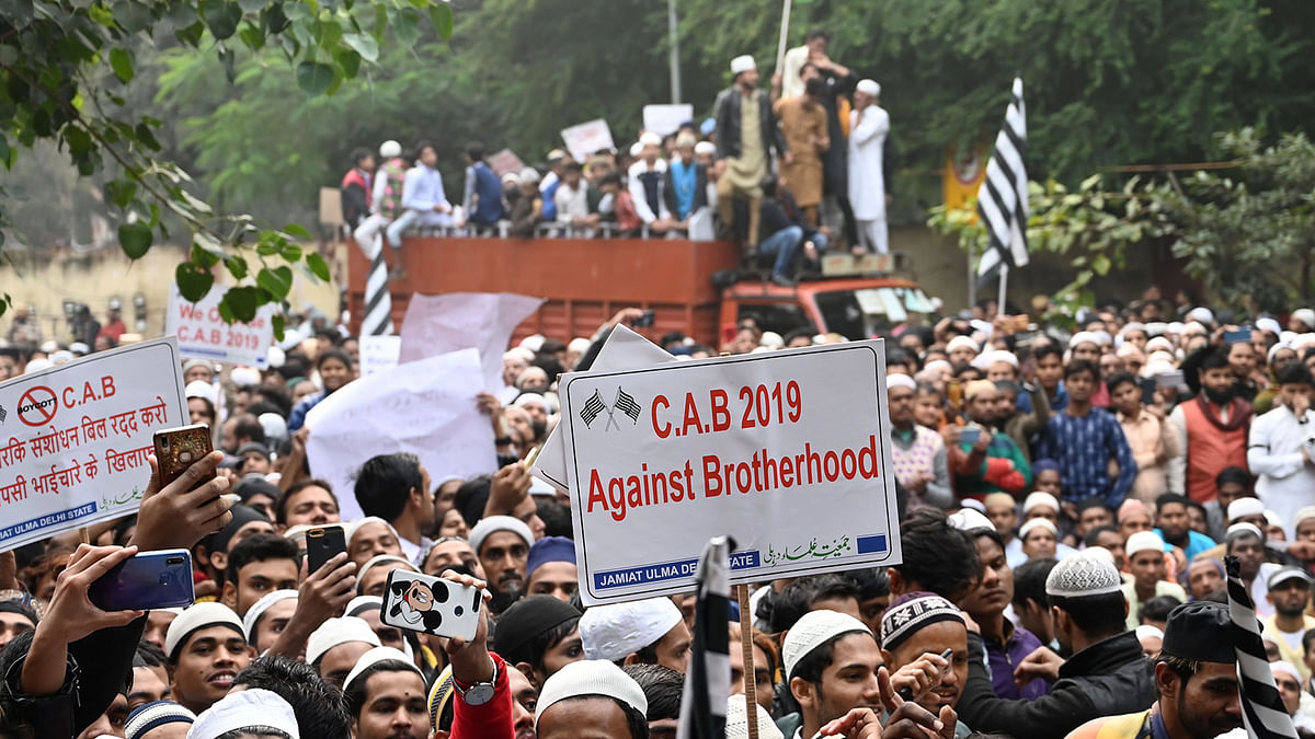 Muslim protesters take part in a demonstration against the Indian government`s Citizenship Amendment Bill (CAB) in New Delhi on 13 December 2019. Photo: AFP