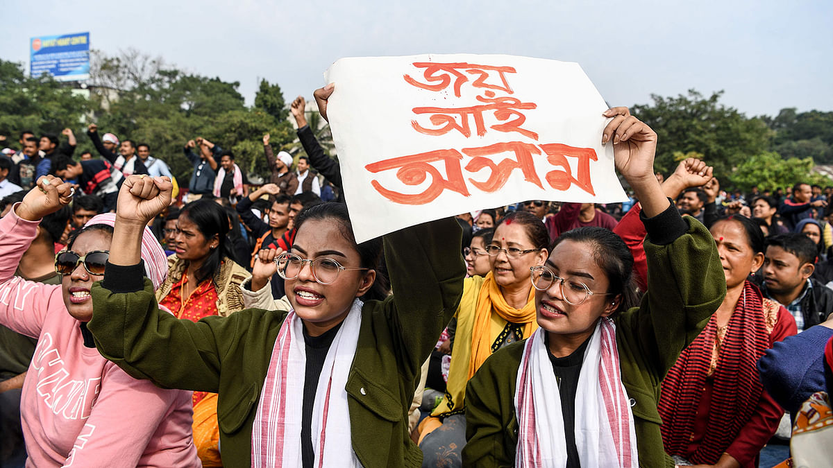 Demonstrators shout slogans during a protest against the government`s Citizenship Amendment Bill (CAB) in Guwahati on 13 December 2019. Photo: AFP