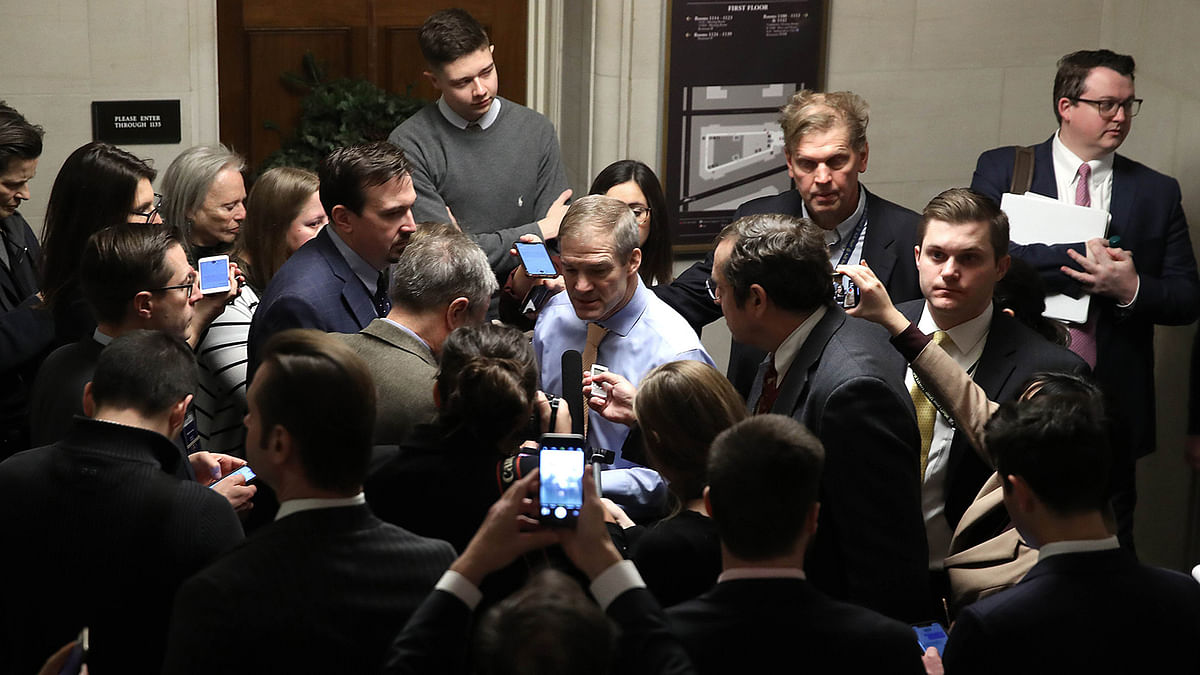 Rep. Jim Jordan (R-OH) (C) speaks to reporters after the Committee voted to approve two articles of impeachment against US president Donald Trump in the Longworth House Office Building on Capitol Hill on 13 December 2019 in Washington, DC. Photo: AFP