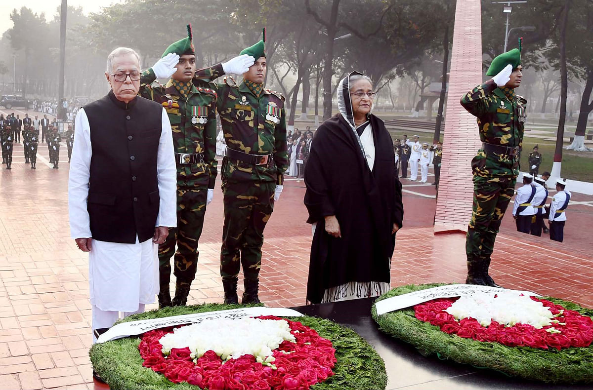 President Abdul Hamid and Prime Minister Sheikh Hasina paid rich tributes to the martyred intellectuals on the occasion of the Martyred Intellectuals Day at the memorial in Mirpur and Rayerbazar Killing Ground in Mohammadpur. Photo: PID