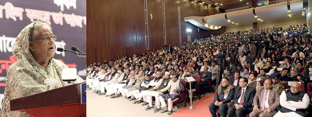 Prime minister Sheikh Hasina speaking while addressing a discussion arranged by Bangladesh Awami League at Bangladesh Krishibid Institution in the city marking the Martyred Intellectuals Day. Photo: PID