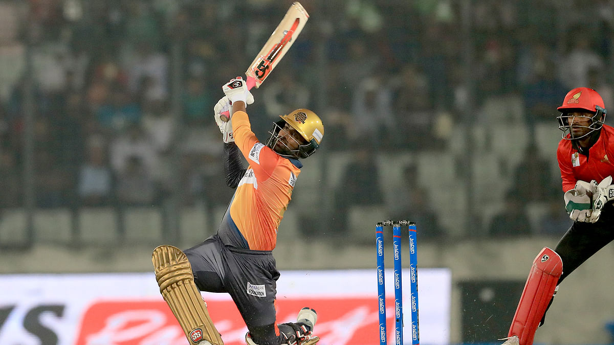 Dhaka Platoon’s Tamim Iqbal plays a shot against Cumilla Warriors in their second match at Sher-e-Bangla National Cricket Stadium on Friday. Photo: Prothom Alo