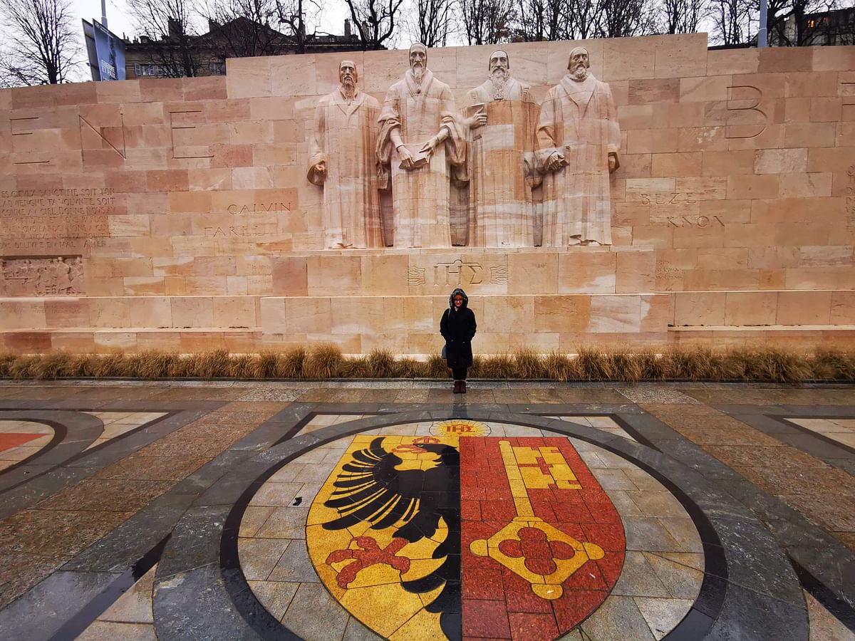 Mithila in front of Reformation Wall, Geneva. Photo: Facebook