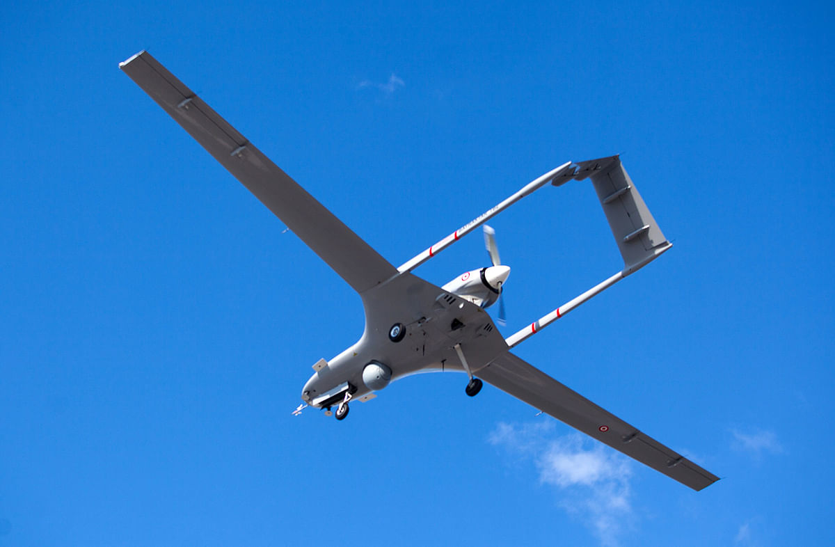 The Bayraktar TB2 drone is pictured flying on 16 December 2019 at Gecitkale Airport in Famagusta in the self-proclaimed Turkish Republic of Northern Cyprus (TRNC). The Turkish military drone was delivered to northern Cyprus today amid growing tensions over Turkey`s deal with Libya that extended its claims to the gas-rich eastern Mediterranean. Photo: AFP