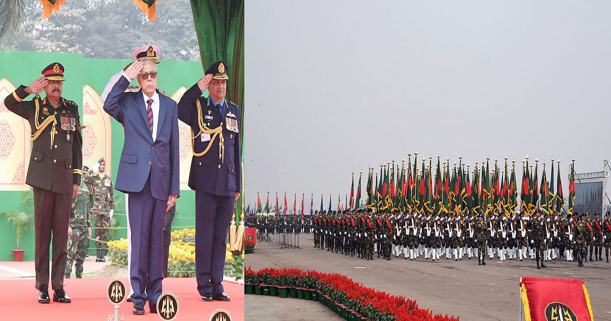 President Abdul Hamid inspects a parade at the National Parade Ground on 16 December 2019. Photo: UNB
