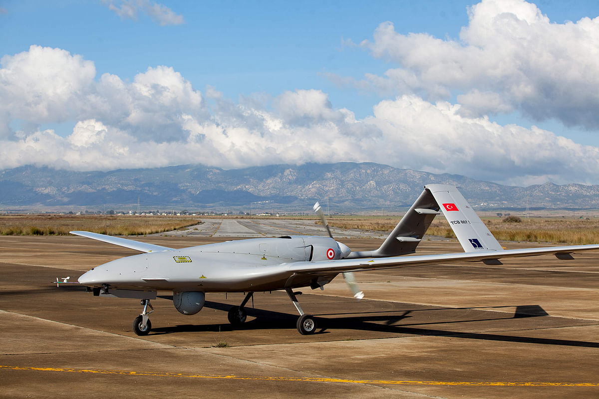 The Bayraktar TB2 drone is pictured on 16 December 2019 at Gecitkale Airport in Famagusta in the self-proclaimed Turkish Republic of Northern Cyprus (TRNC). The Turkish military drone was delivered to northern Cyprus today amid growing tensions over Turkey`s deal with Libya that extended its claims to the gas-rich eastern Mediterranean. Photo: AFP
