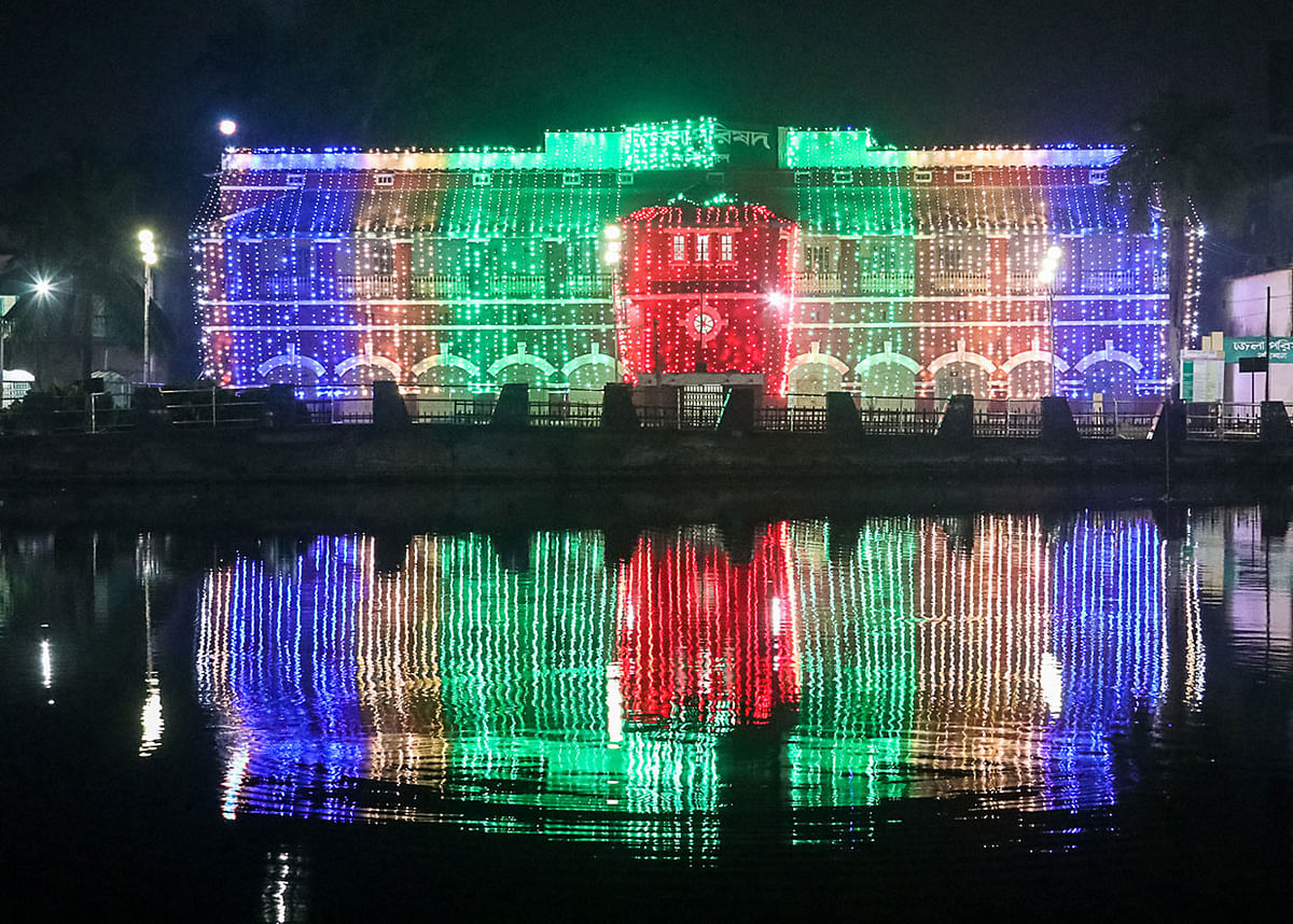 Zila Parishad Bhaban on Fazlul Haque Avenue in Barishal adorned with light works on the occasion of the Victory Day on 15 December 2019. Photo: Saiyan