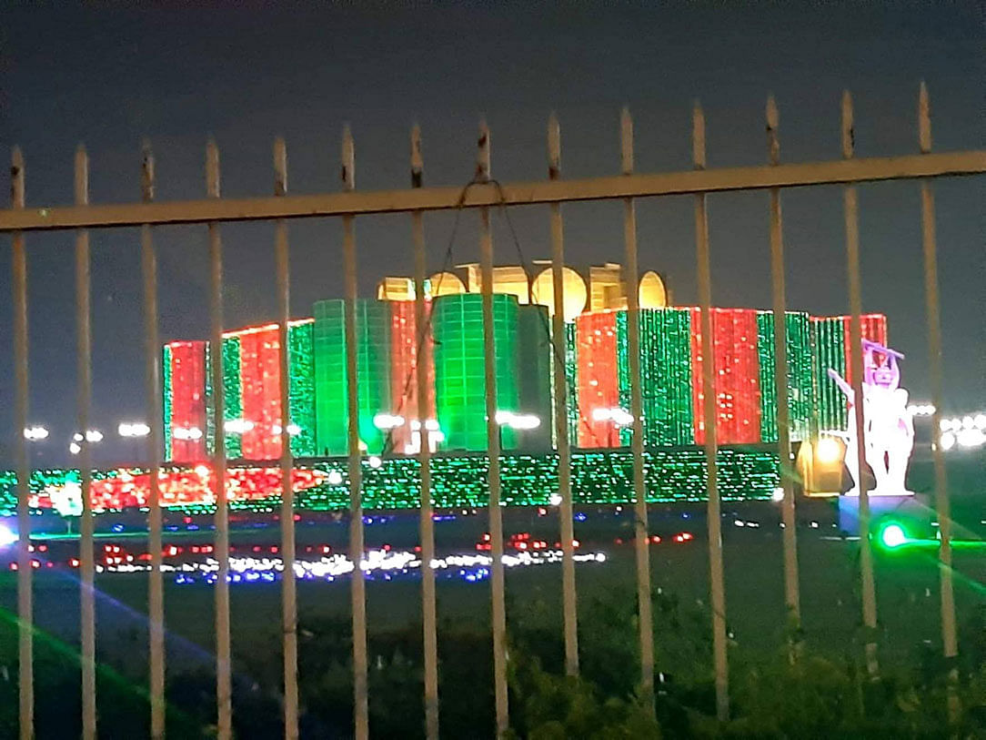 Jatiya Sangsad Bhaban decorated with light works on the eve of Victory Day in Dhaka on 15 December 2019. Photo: Mansura Hossain