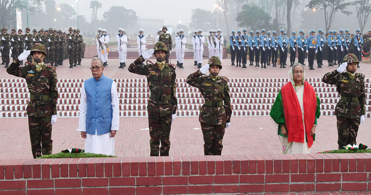President Abdul Hamid and prime minister Sheikh Hasina pay tributes to the liberation war martyrs by placing wreaths at the National Memorial marking the 49th Victory Day. Photo: UNB