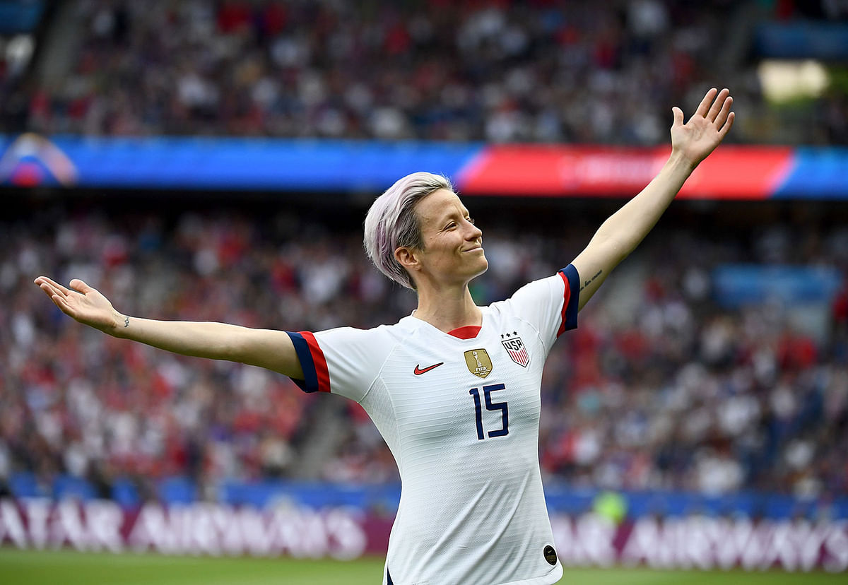 United States` forward Megan Rapinoe celebrates scoring her team`s first goal during the France 2019 Women`s World Cup quarter-final football match between France and United States, on 28 June 2019, at the Parc des Princes stadium in Paris. Photo: AFP
