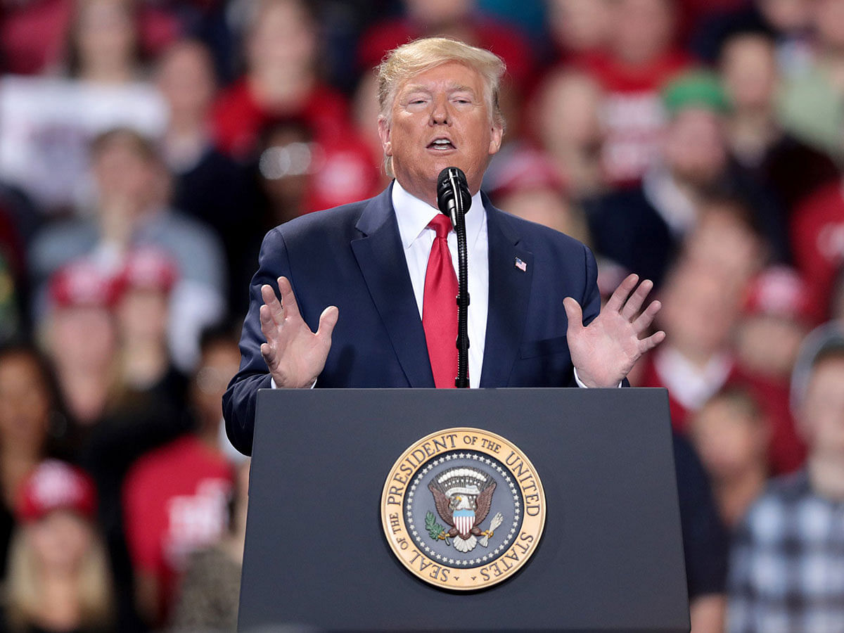 US president Donald Trump speaks at a Merry Christmas Rally at the Kellogg Arena on 18 December 2019 in Battle Creek, Michigan. Photo: AFP