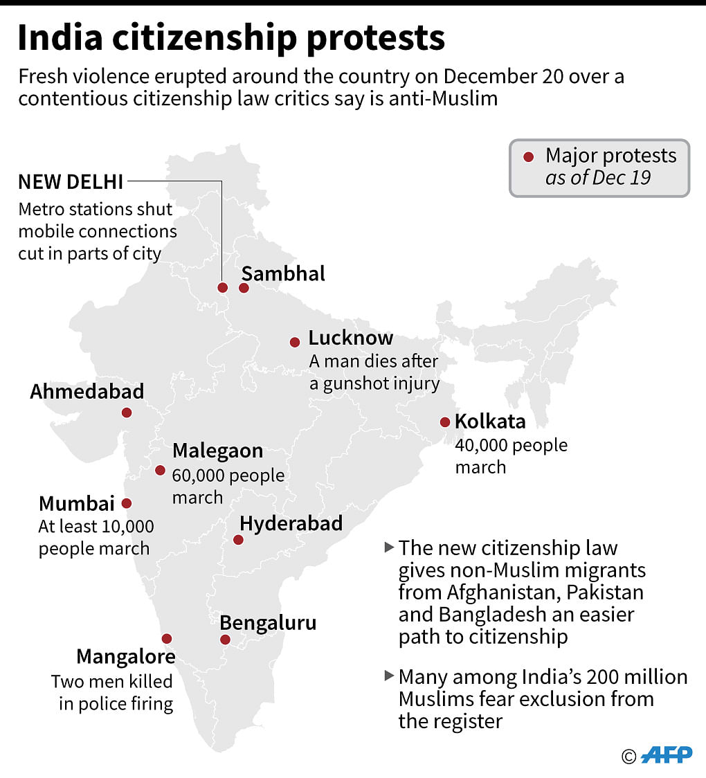 Map of India showing the main areas of protests on 19 December, related to the recently passed amendment to the citizenship law. Photo: AFP