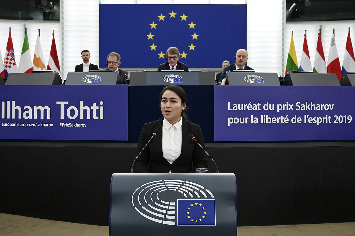Jewher Ilham, daughter of Ilham Tohti, Uyghur economist and human rights activist, delivers a speech during the award ceremony for her father`s 2019 European Parliament`s Sakharov human rights prize at the European Parliament in Strasbourg, eastern France, on 18 December 2019. Photo: AFP