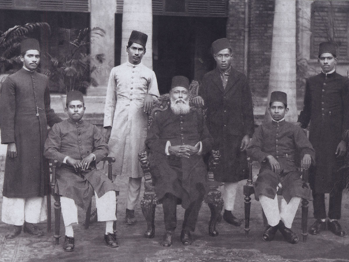 This photo taken from Sir Fazle Hasan Abed`s family album shows his father Siddiq Hasan (sitting on left), uncle Atiqul Hasan (sitting on right), and Nawab Justice Sir Syed Shamsul Huda KCIE (sitting in the middle), uncle of Siddiq Hasan and Atiqul Hasan.