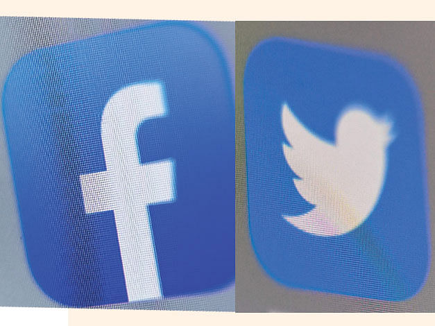 A combination made by Prothom Alo of the AFP file photo taken on 28 August 2019 shows the logo of US online social media and social networking service, Facebook displayed on a tablet in Lille and the AFP file photo taken on 4 September 2019 shows the logo of the US social networking website Twitter, displayed on a smart-phone screen, in Lille, northern France.