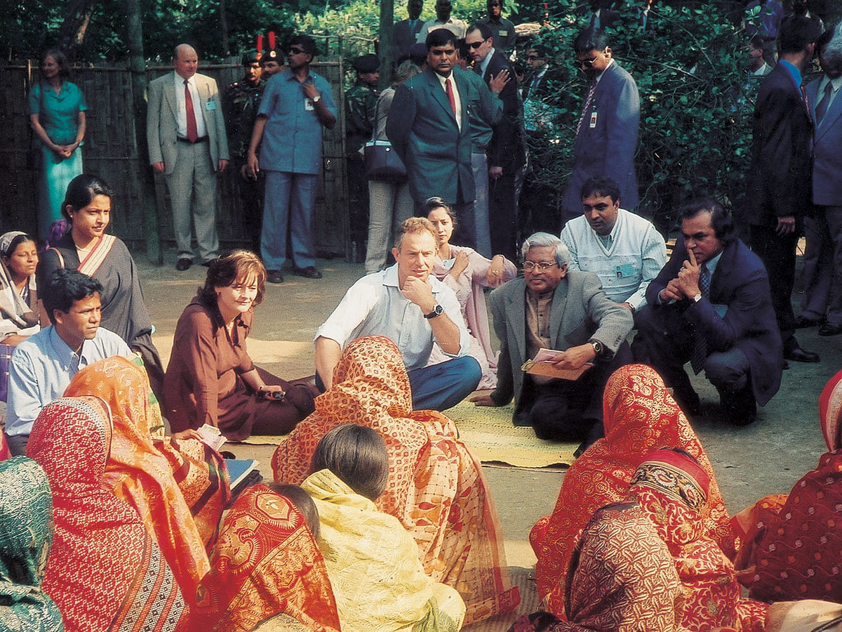 Sir Fazle Hasan Abed, former UK prime minister Tony Blair and former UK first lady Cherie Blair during a field visit in 2002. Photo: BRAC