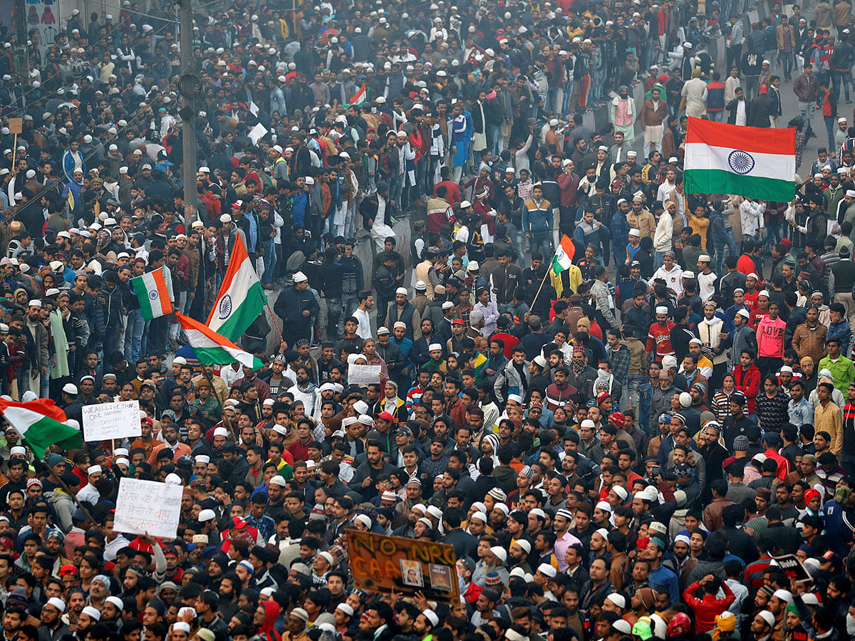 Demonstrators shout slogans during a protest against a new citizenship law in Jafrabad, an area of Delhi, India on 20 December 2019. Photo: Reuters
