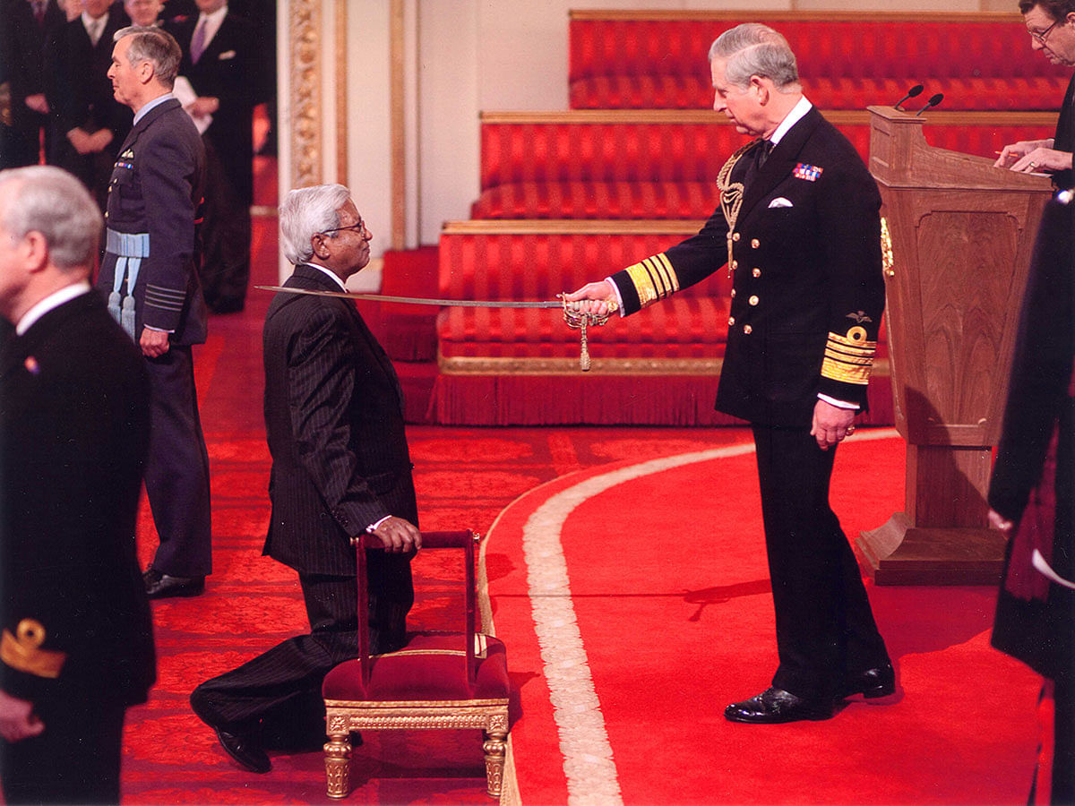 Sir Fazle Hasan Abed, founder and chairperson of BRAC, is being knighted by Prince Charles in a special ceremony at Buckingham Palace in London in 2010 for contribution to poverty reduction. Photo: Collected
